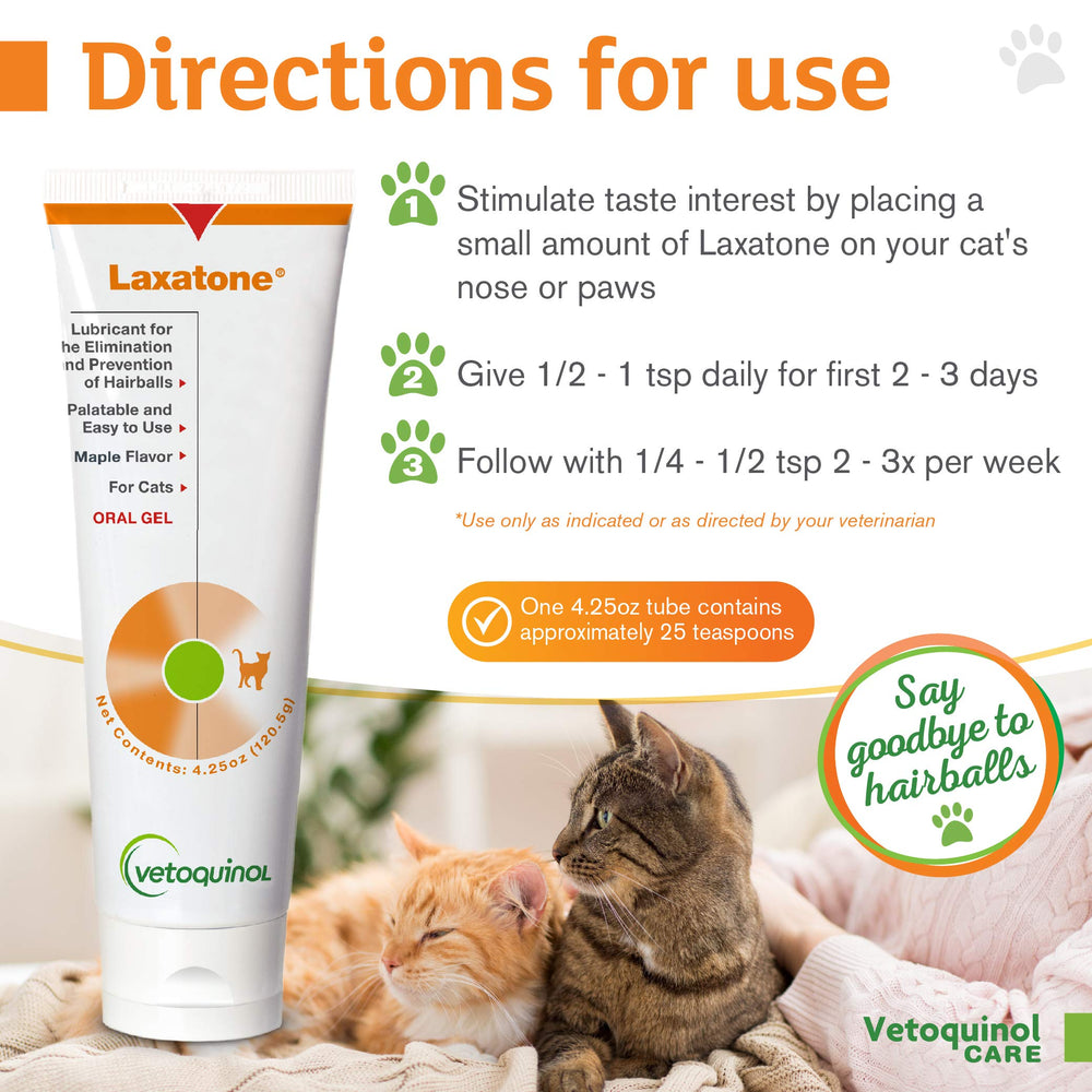 Cat enjoying maple-flavored Laxatone gel for palatable hairball support