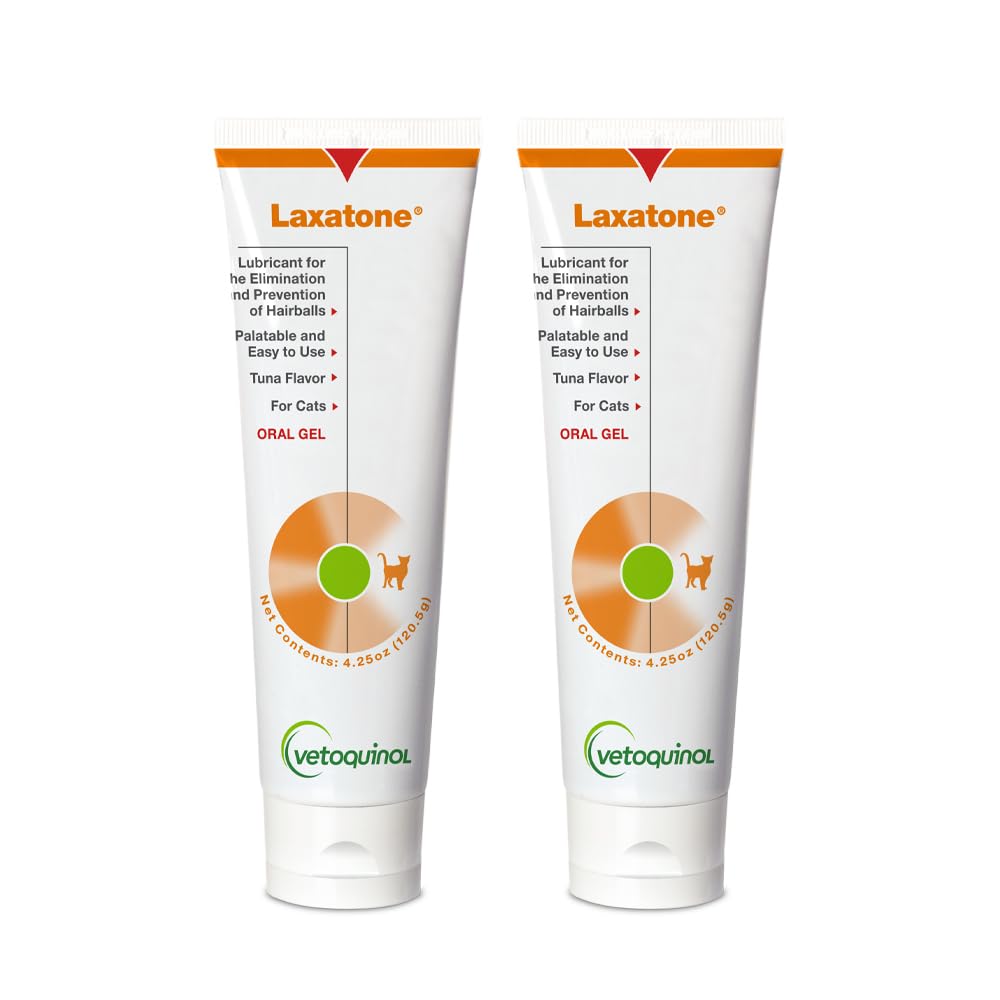 Vetoquinol Laxatone tuna gel bottle showing easy daily use for hairball support.
