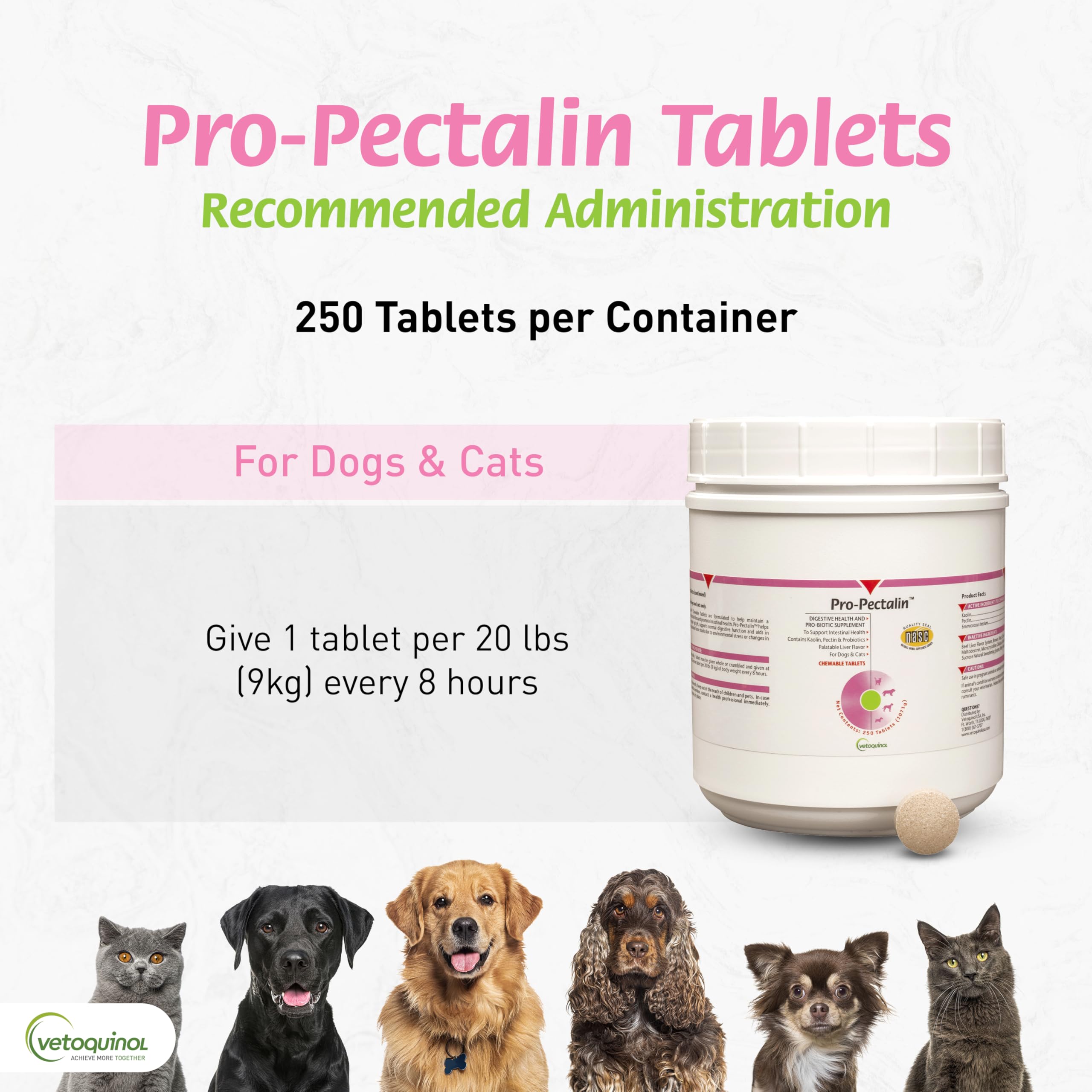 Vetoquinol Pro-Pectalin bottle highlights kaolin and pectin-based formula.