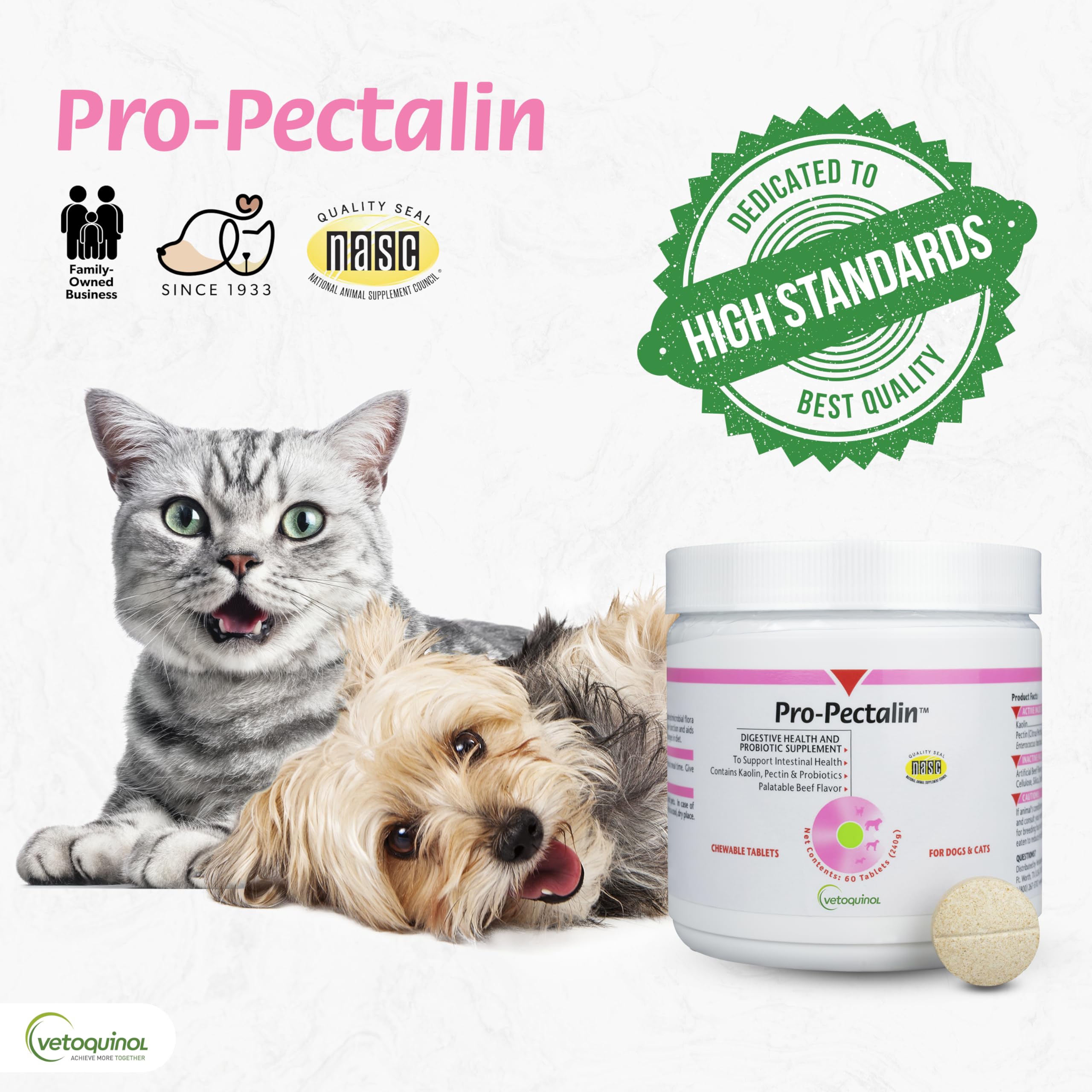 Cat with Pro-Pectalin chewables, illustrating pet-friendly use.