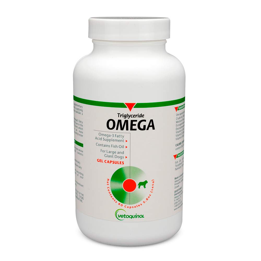 Vetoquinol Triglyceride Omega-3 for dogs bottle supporting healthy skin and coat.