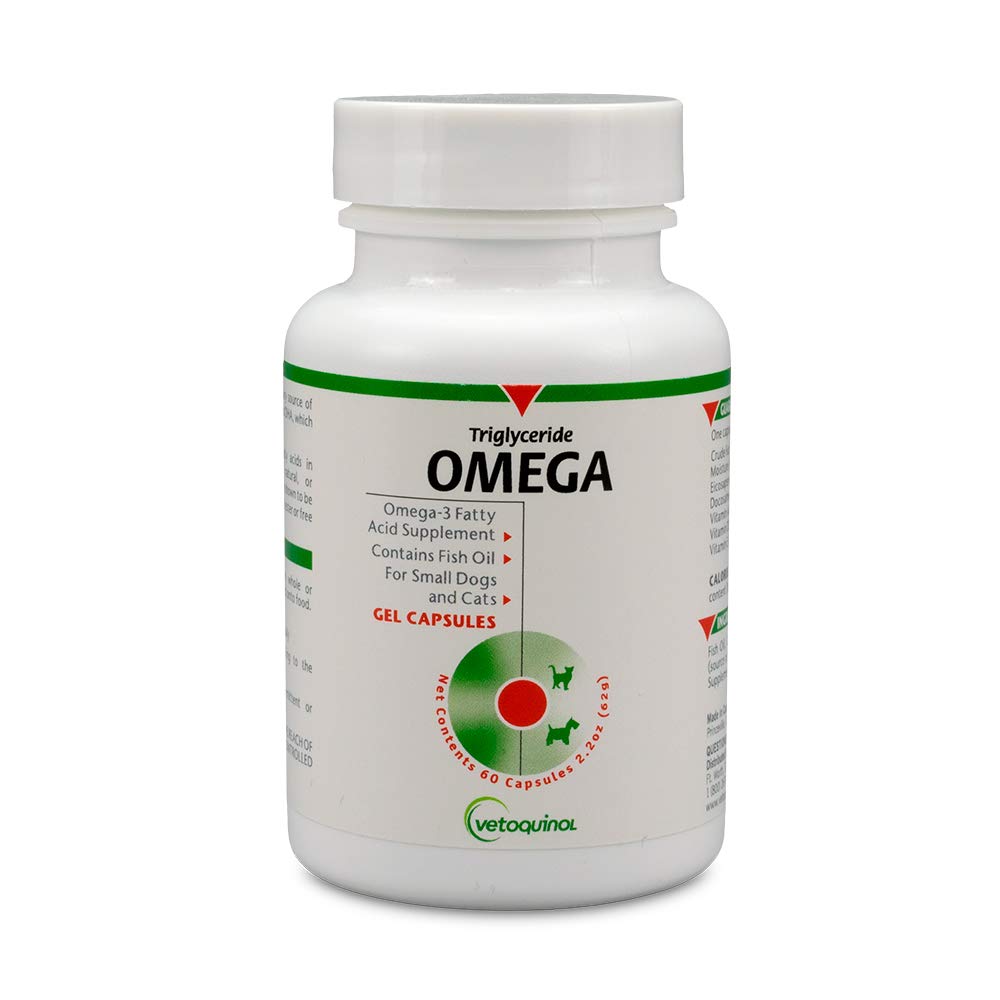 Vetoquinol Triglyceride Omega-3 bottle showing fish oil for skin and coat support