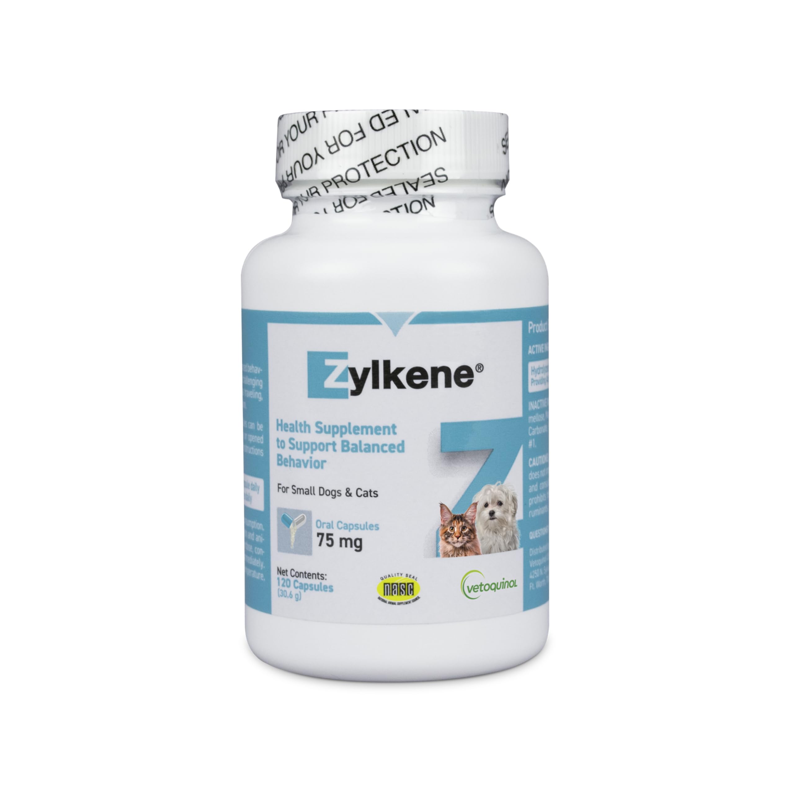 Vetoquinol Zylkene calming bottle front supports daily stress management for dogs and cats.