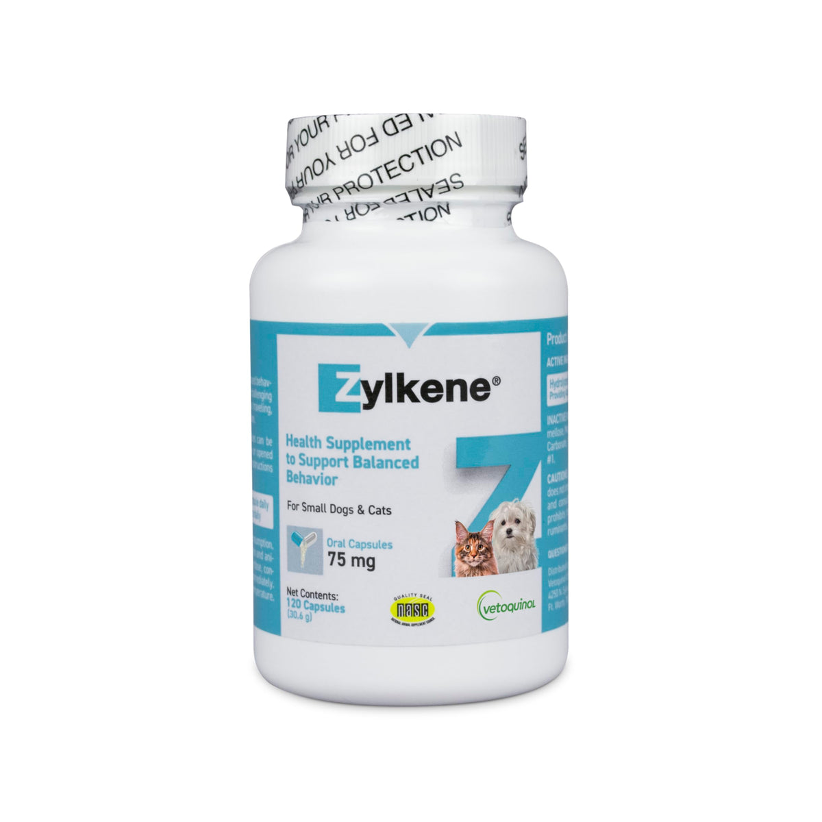 Vetoquinol Zylkene calming bottle front supports daily stress management for dogs and cats.