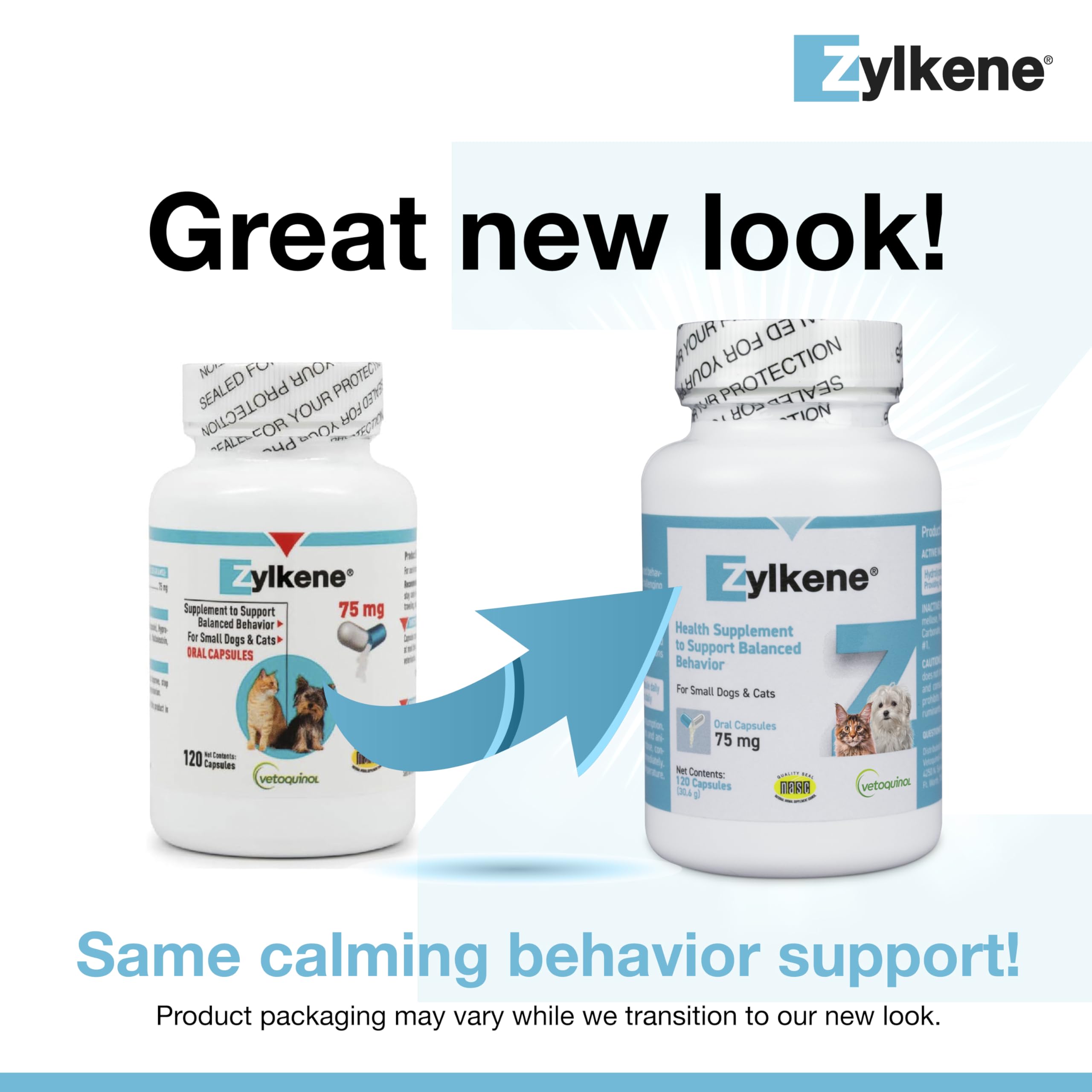 Vetoquinol Zylkene capsules closeup highlighting easy daily administration.