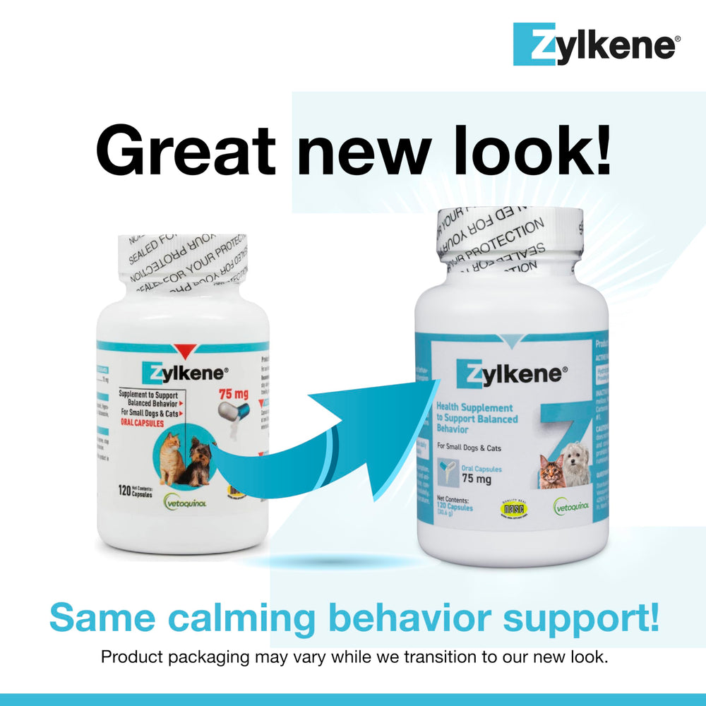 Vetoquinol Zylkene capsules closeup highlighting easy daily administration.
