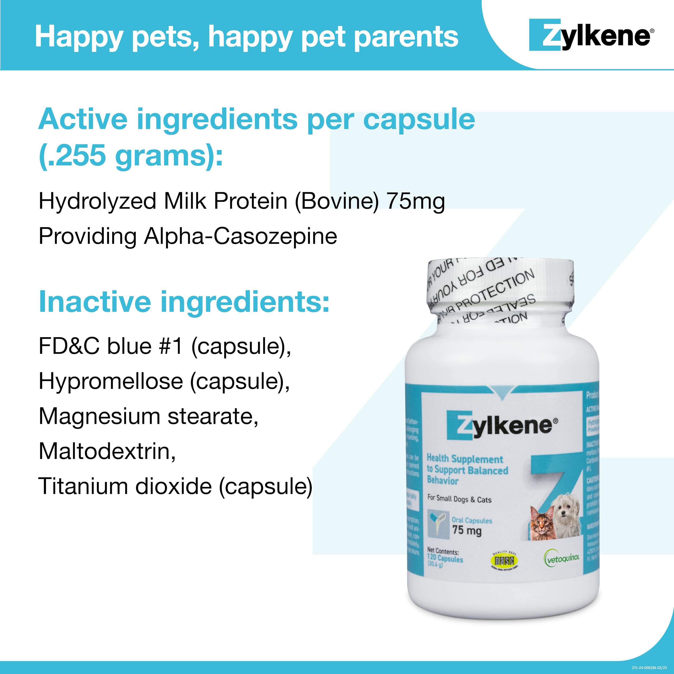 Vetoquinol Zylkene packaging box highlights 75 mg daily calming support.