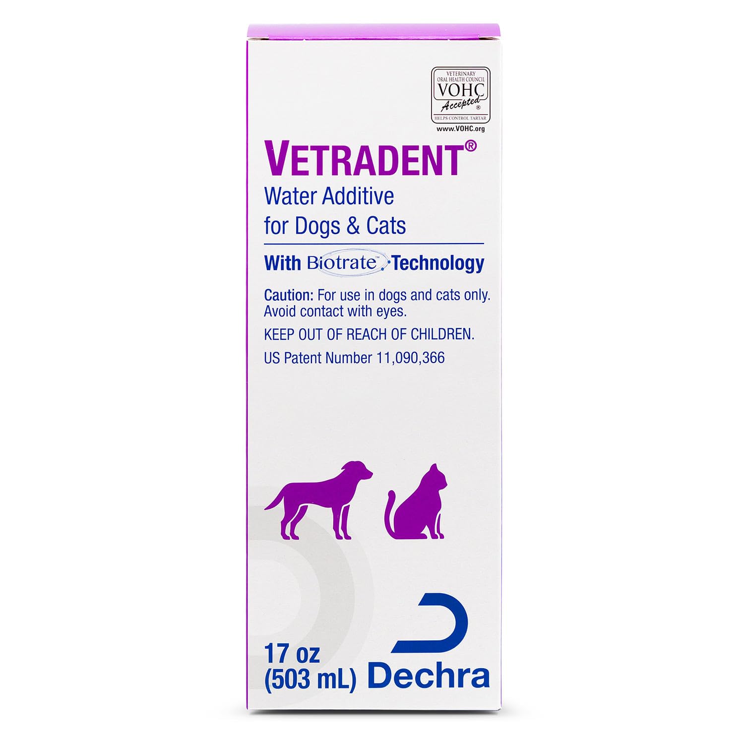 Vetradent water additive bottle pour demonstrates simple daily dosage for oral care.