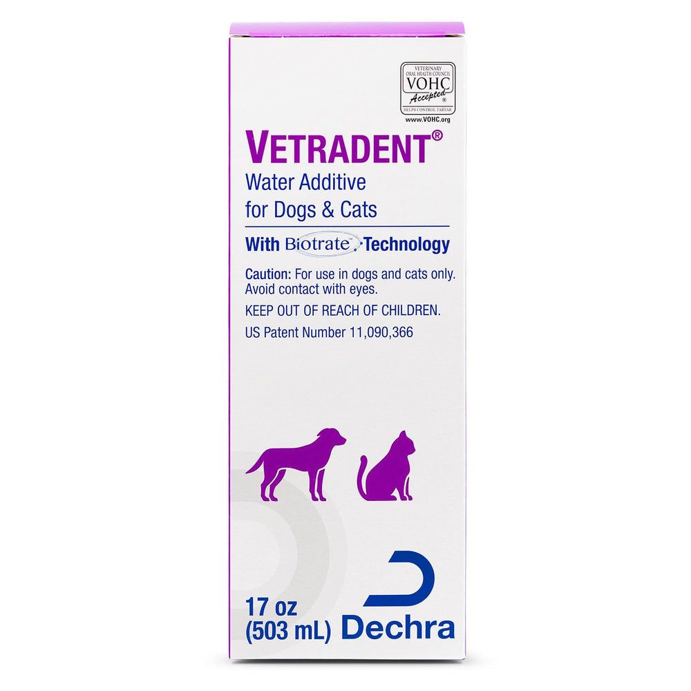 Vetradent water additive bottle pour demonstrates simple daily dosage for oral care.