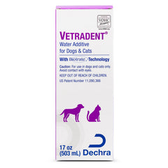 Vetradent water additive bottle pour demonstrates simple daily dosage for oral care.