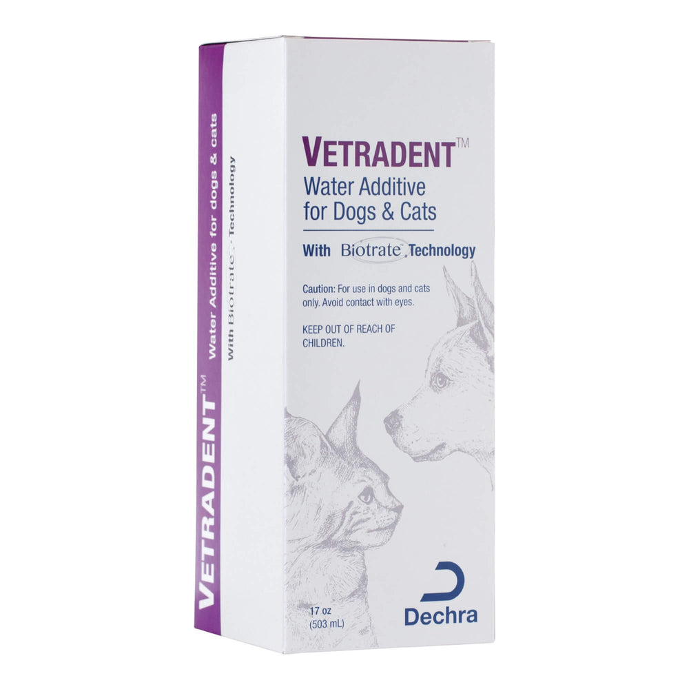 Vetradent water additive in use with a pet drinking to support routine care.
