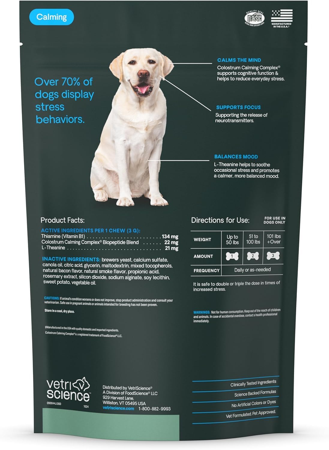 VetriScience Calm & Confident chew pouch on counter suggesting daily routine.
