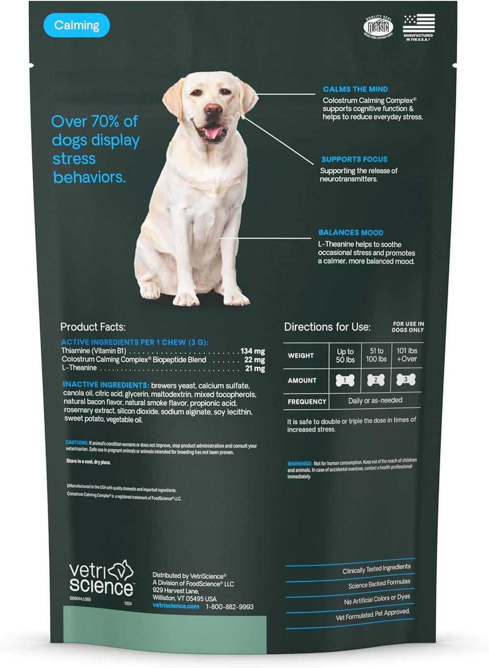 VetriScience Calm & Confident chew pouch on counter suggesting daily routine.