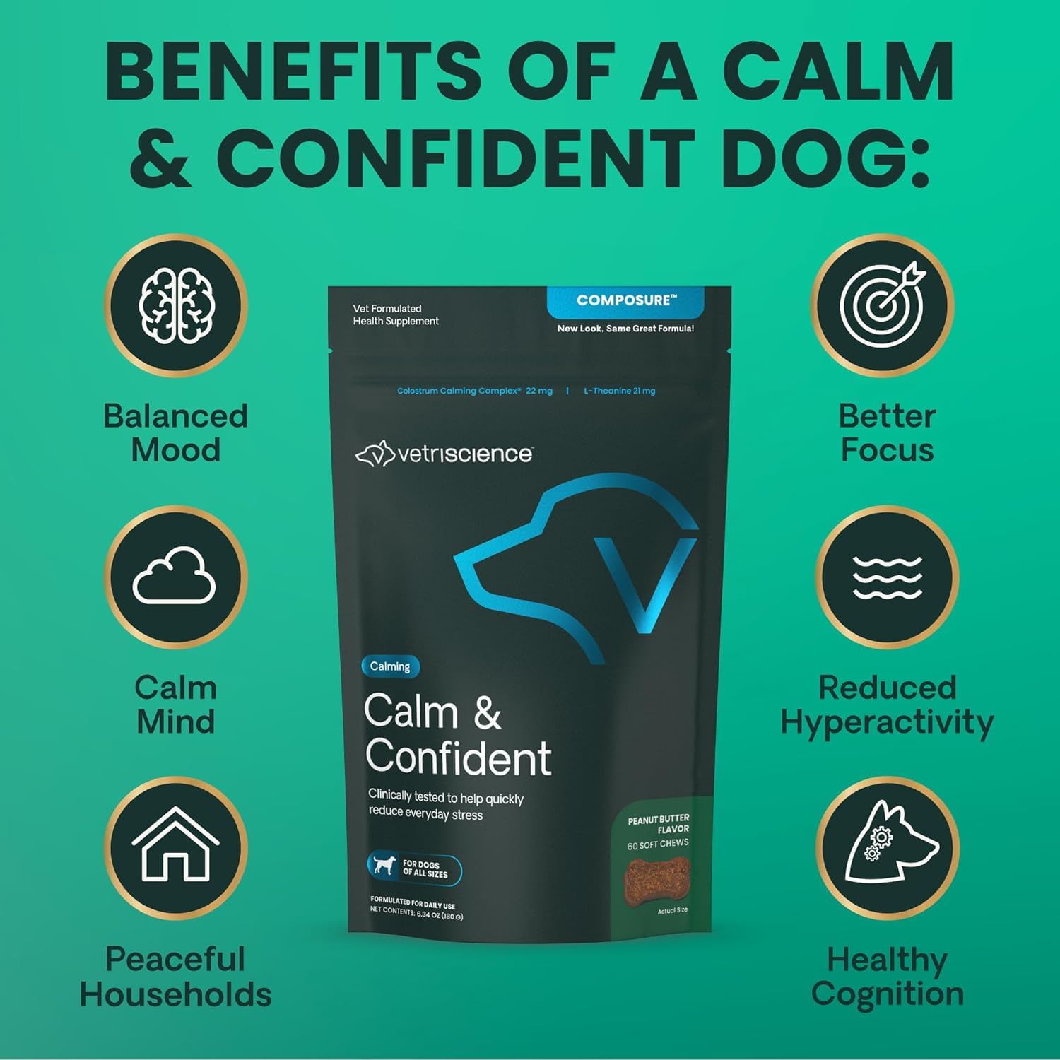 VetriScience Calm & Confident dog eating chews, a palatable calming aid.