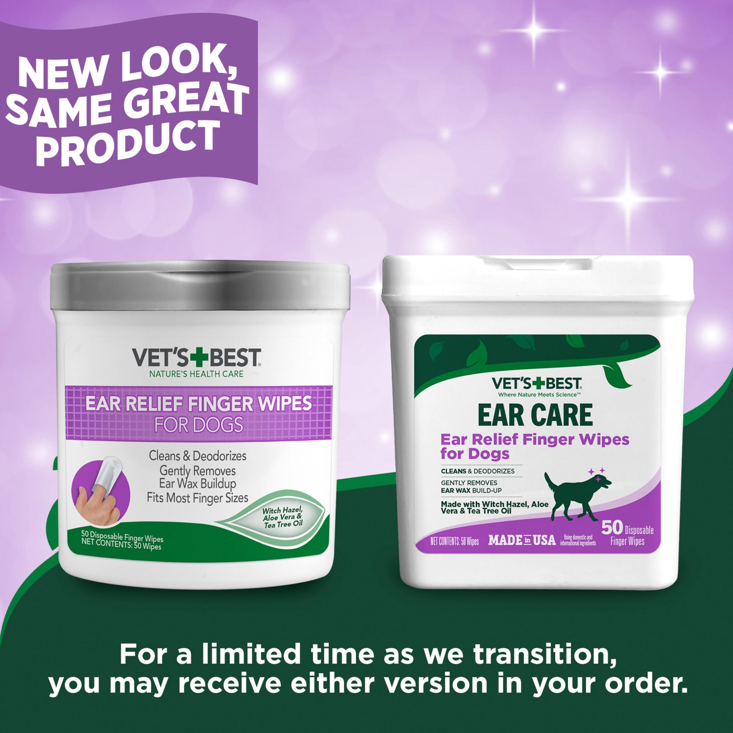 Vets Best Ear Relief Finger Wipes application scene showing finger-on-wipe use.