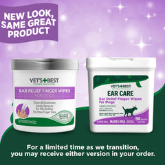 Vets Best Ear Relief Finger Wipes application scene showing finger-on-wipe use.