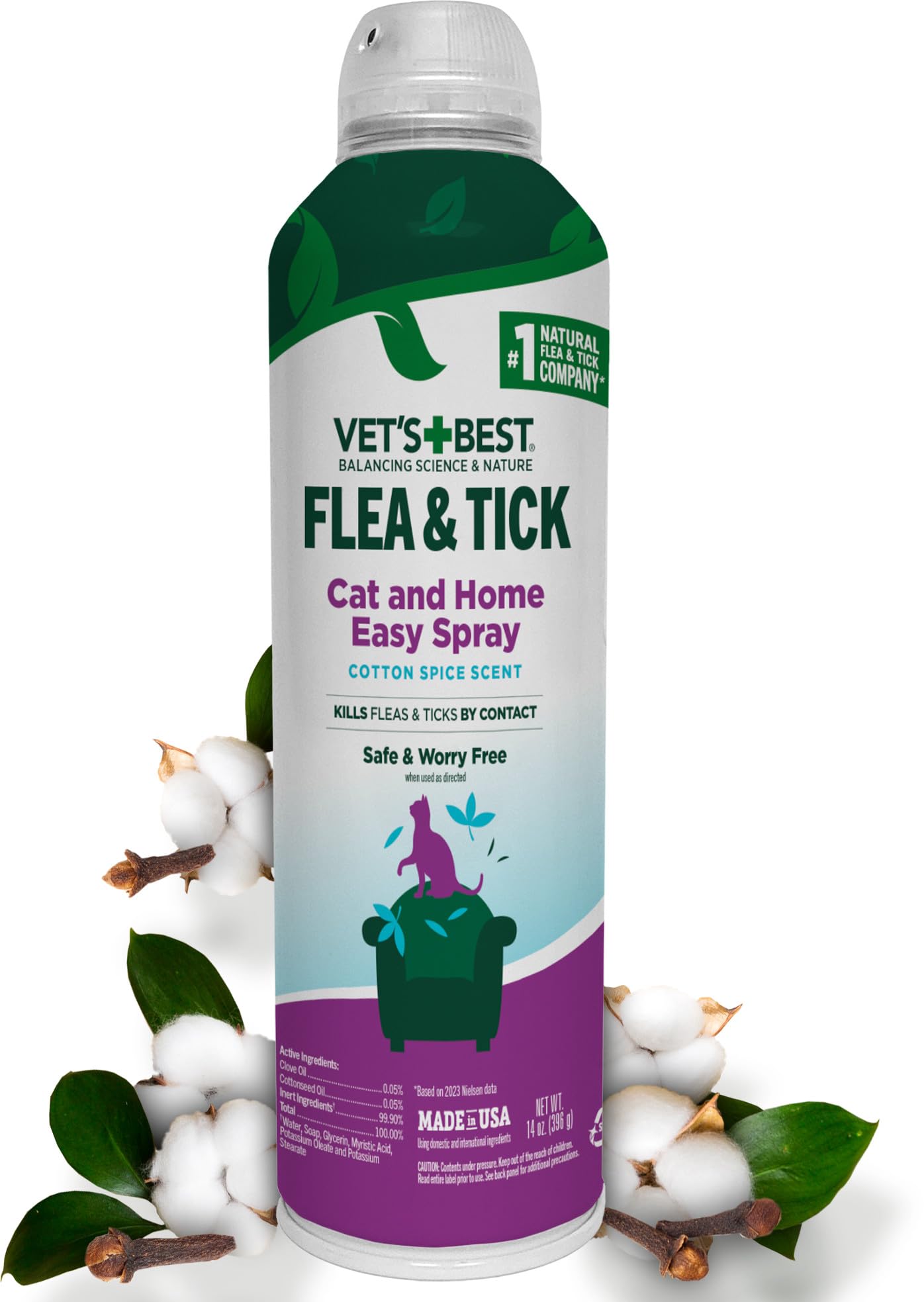 Vet's Best natural flea and tick spray bottle with cotton spice scent for cats.