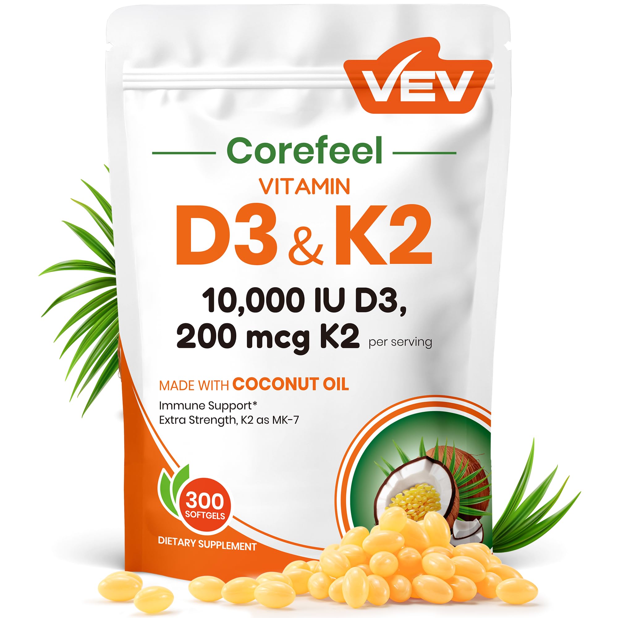VEV Corefeel bottle front shows D3 and K2 potency for daily bone support.
