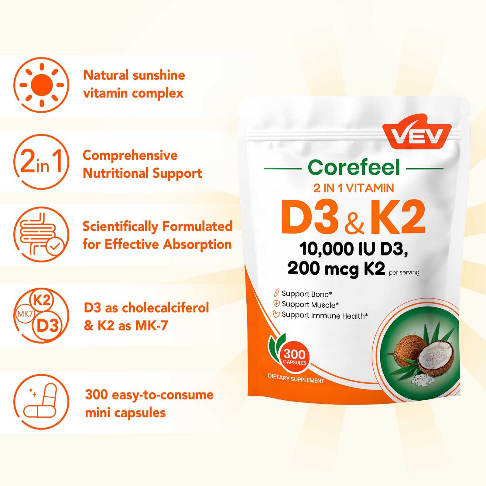 VEV Corefeel nutrition label highlights 10,000 IU D3 and MK-7 K2.