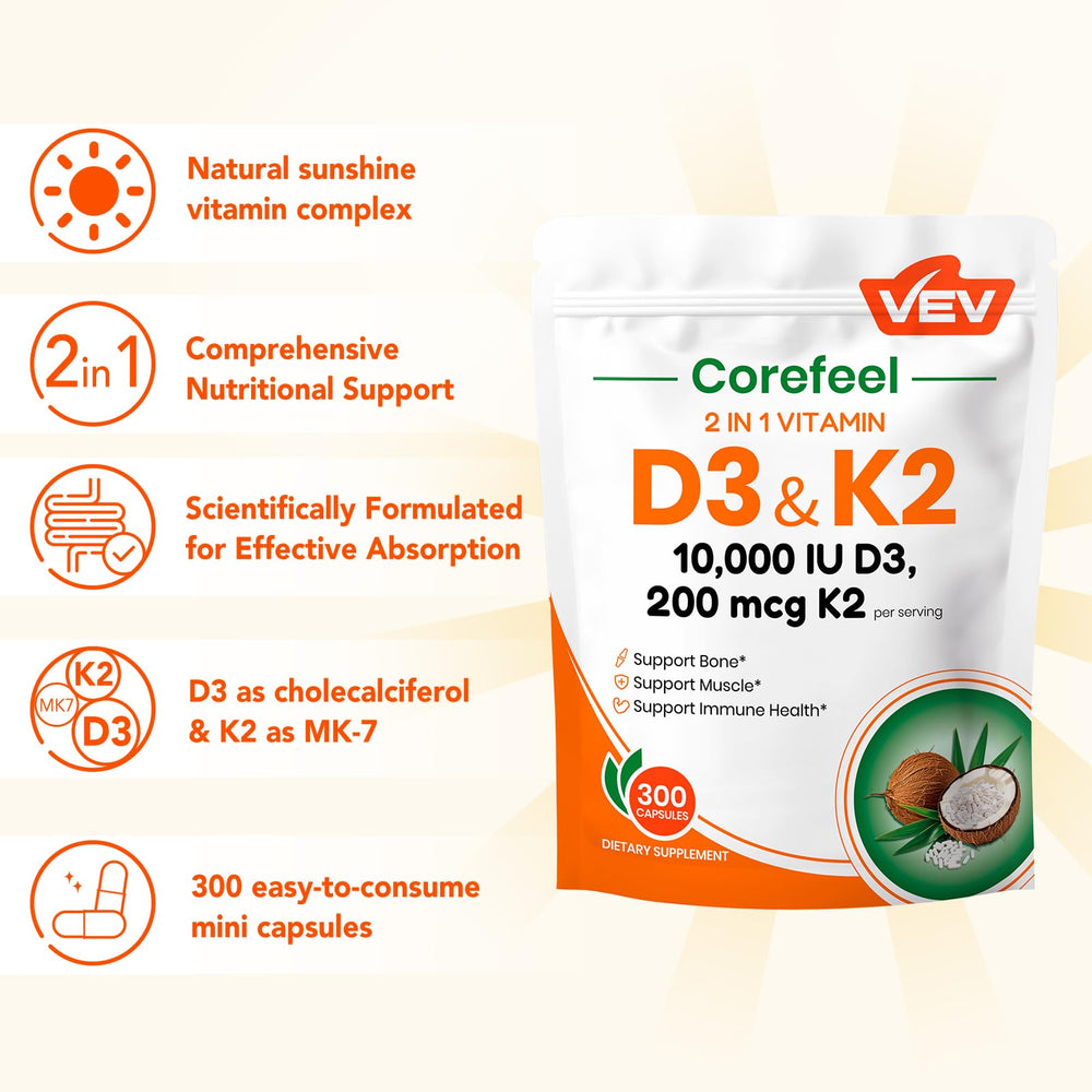 VEV Corefeel nutrition label highlights 10,000 IU D3 and MK-7 K2.