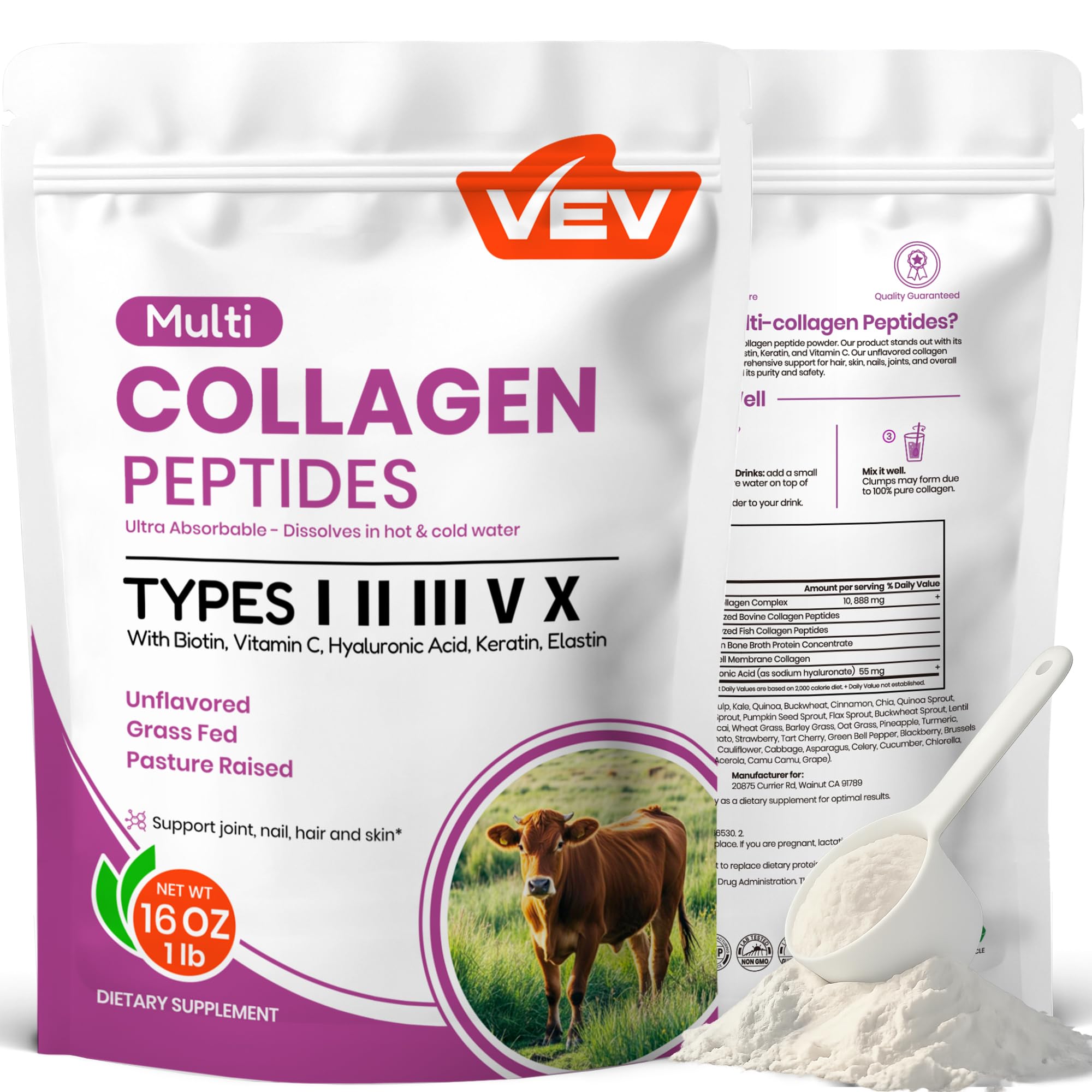 VEV Multi Collagen Peptides powder bottle highlighting a premium blend for skin and joints