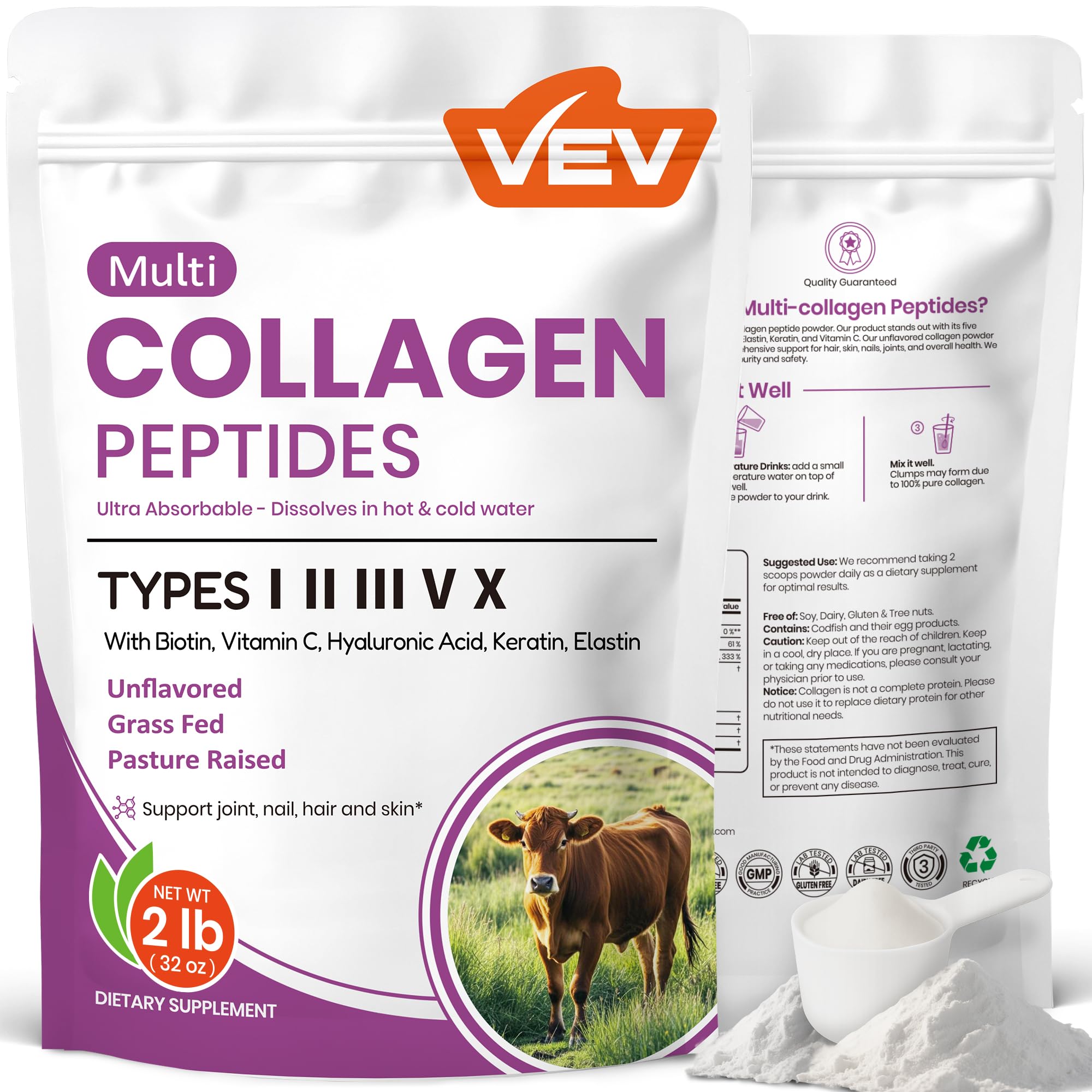 VEV Multi Collagen Powder bottle shown for daily wellness convenience.