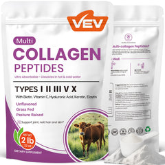 VEV Multi Collagen Powder bottle shown for daily wellness convenience.