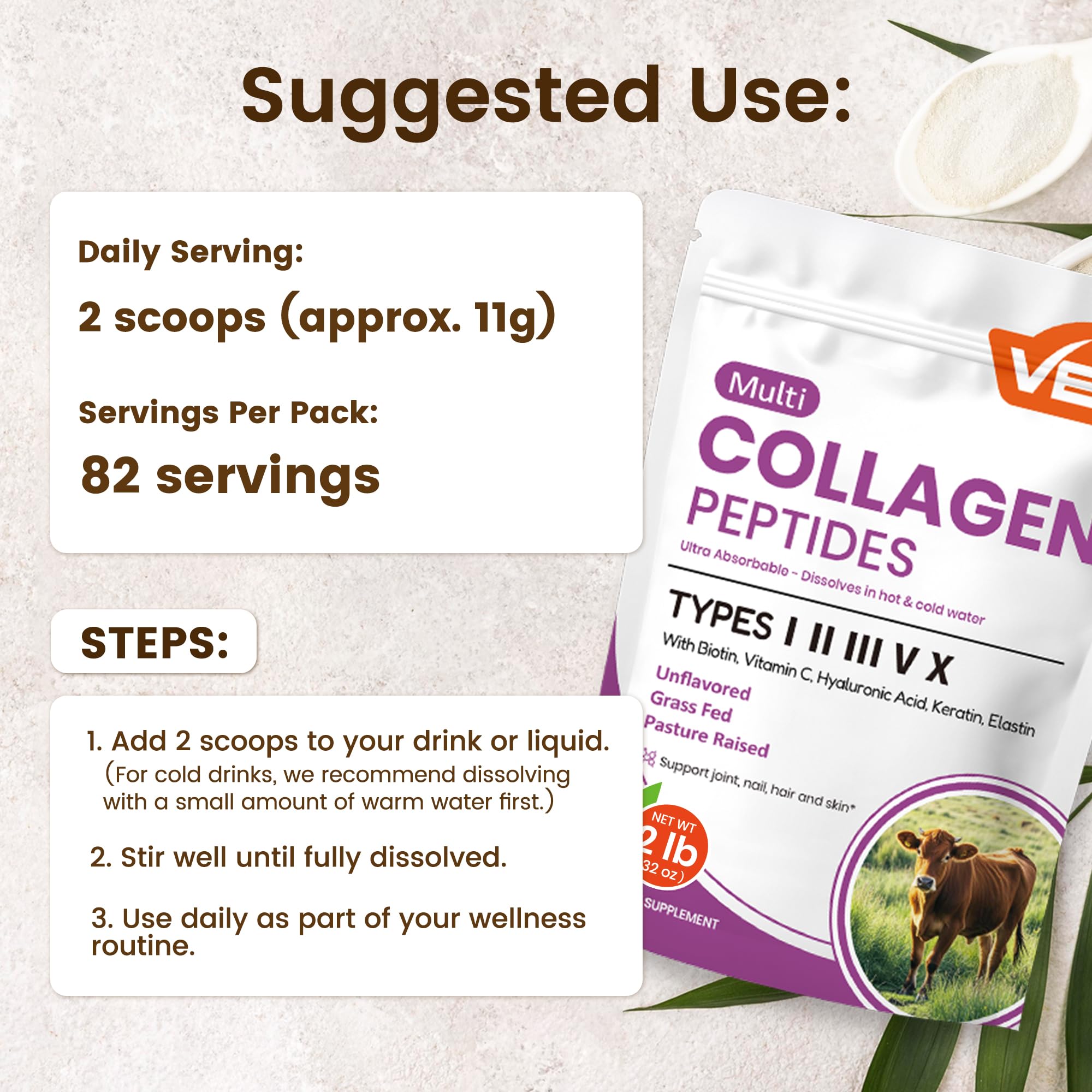 VEV collagen powder blends into smoothies for a tasteless nutrition boost.