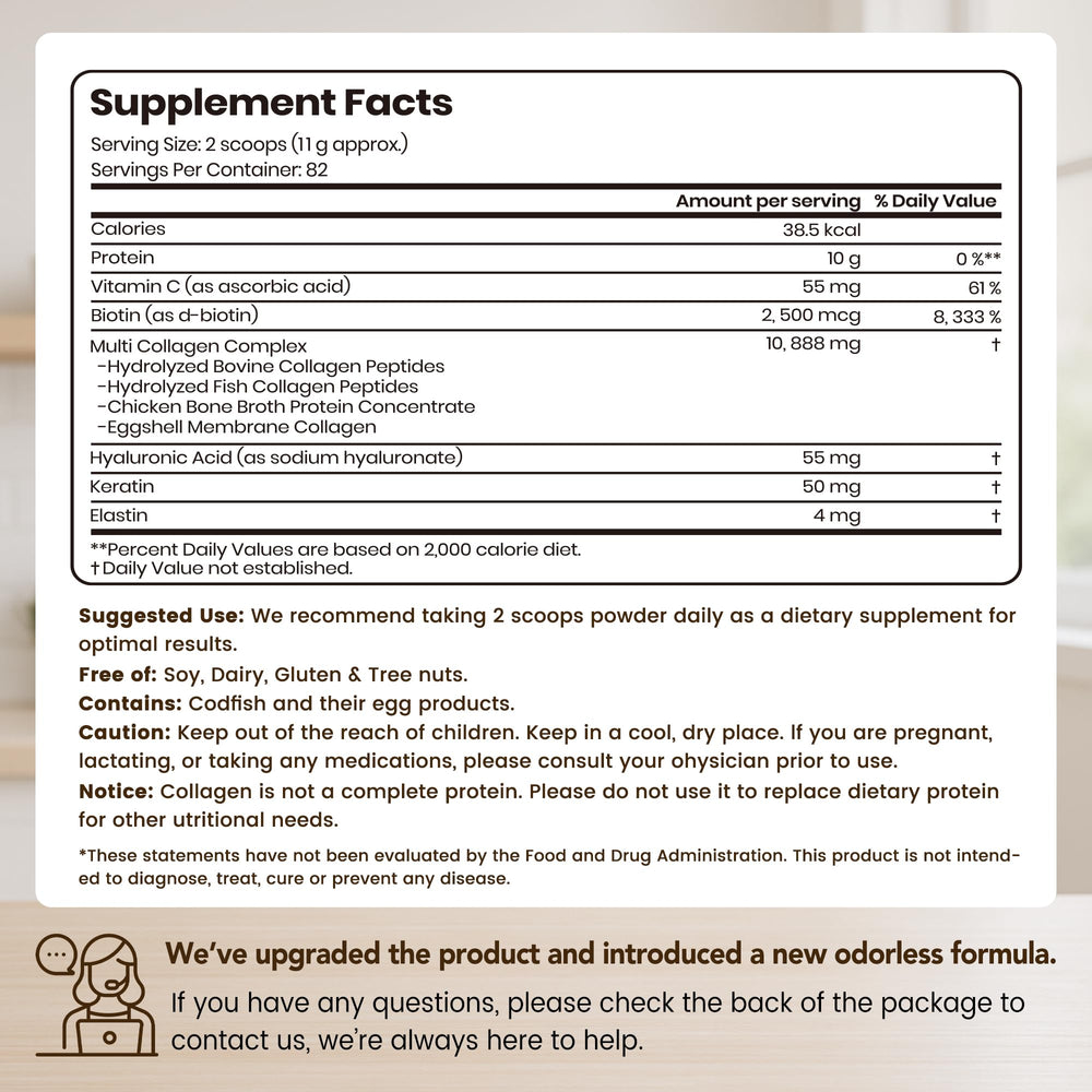 VEV Multi Collagen Powder label highlights vitamin C, biotin, and hyaluronic acid for hair and skin support.