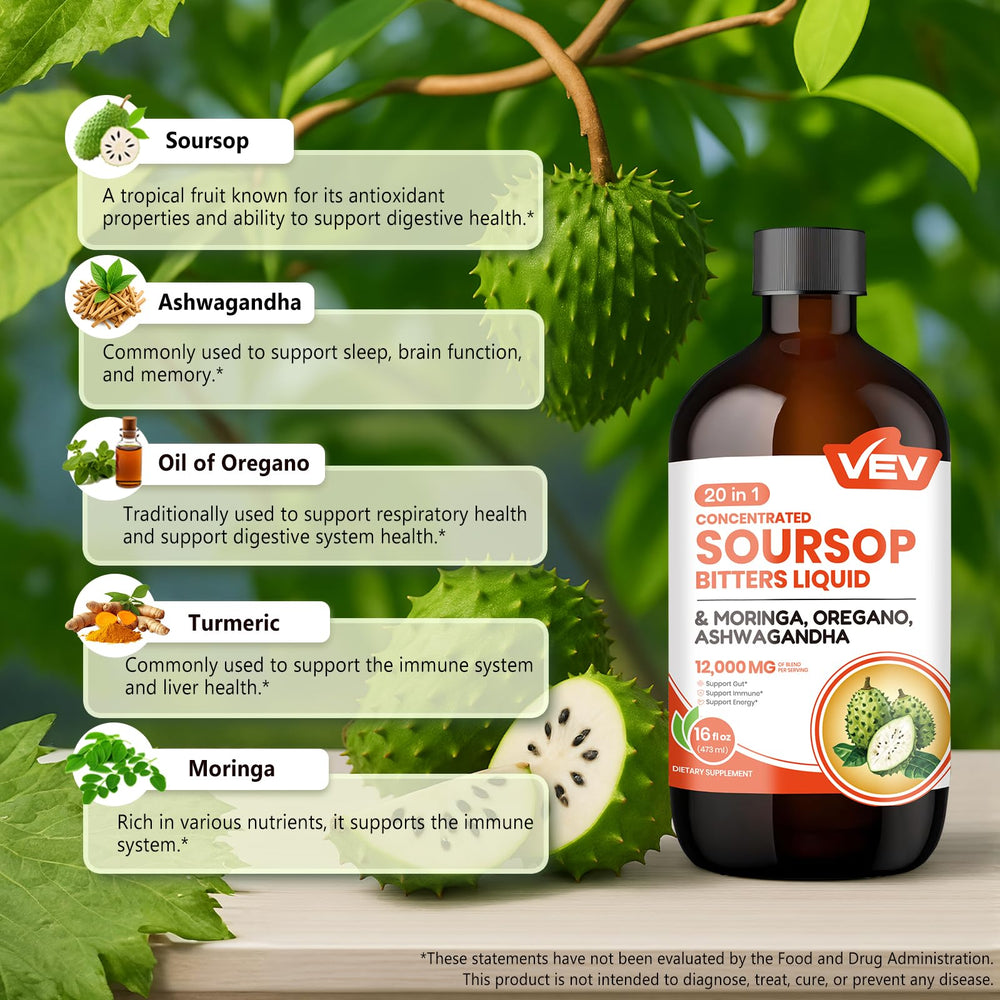 VEV Soursop Bitters label close-up highlighting 20-in-1 blend and clean ingredients.