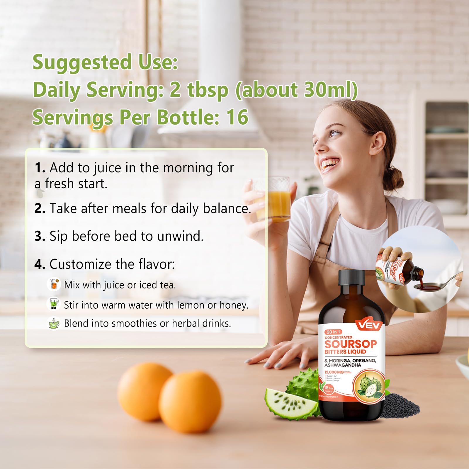VEV Soursop Bitters mixing with juice demonstrates versatile consumption for busy lifestyles.