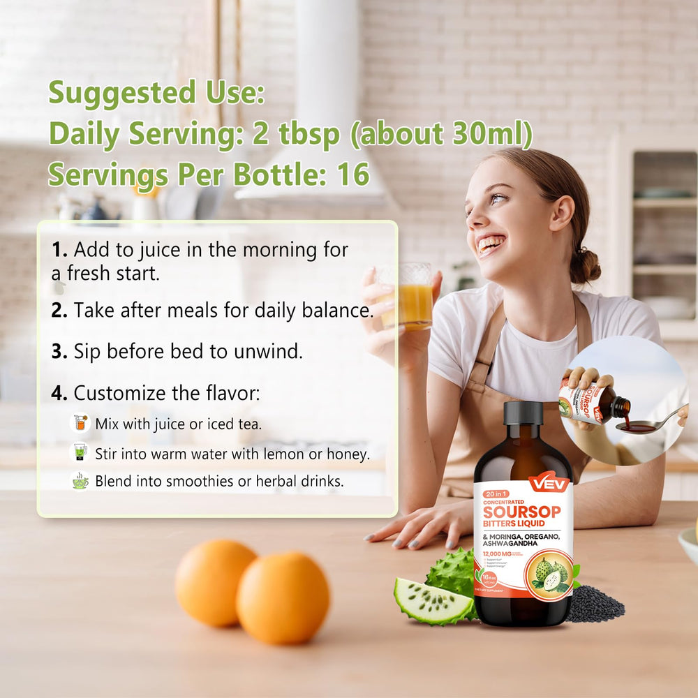 VEV Soursop Bitters mixing with juice demonstrates versatile consumption for busy lifestyles.