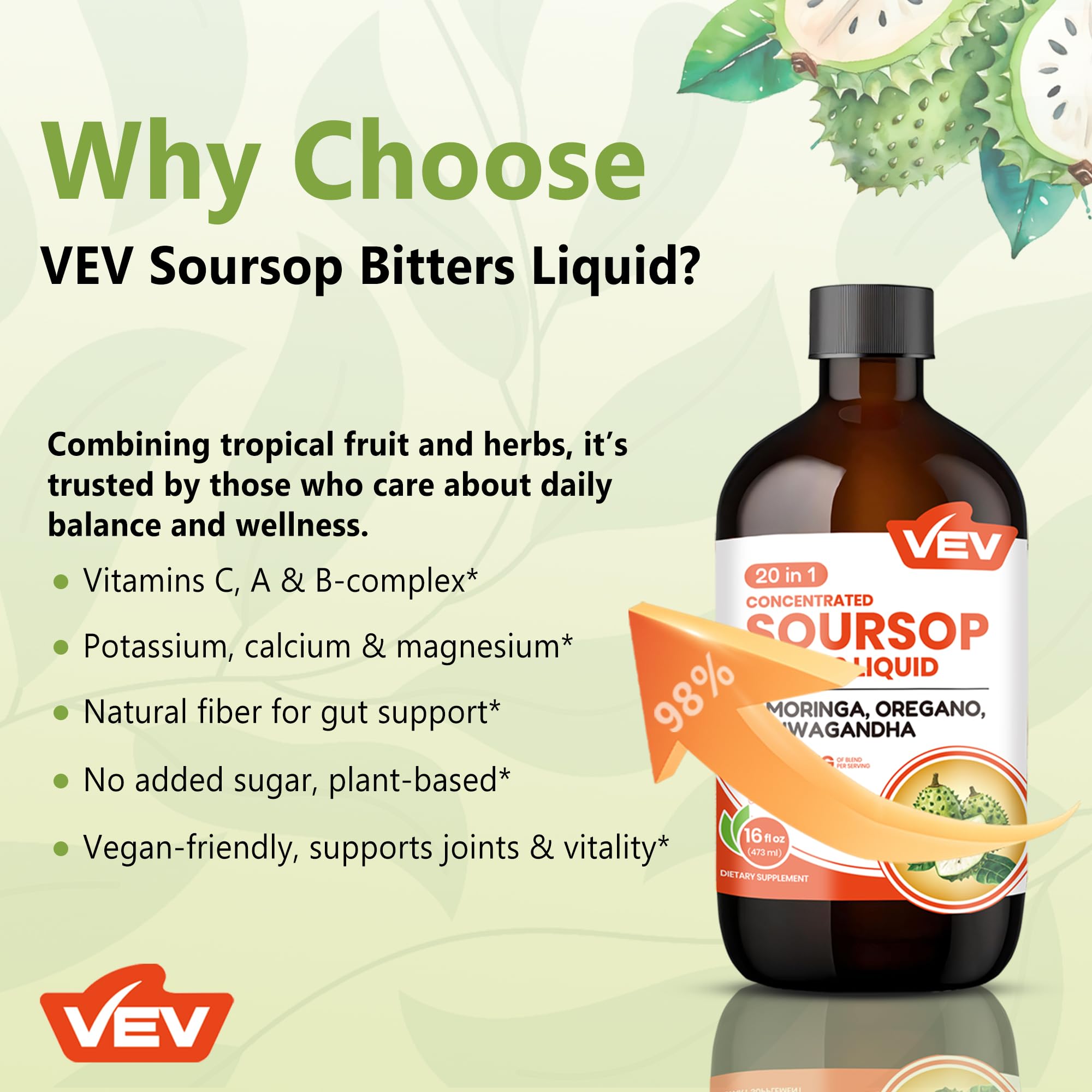VEV Soursop Bitters two-tablespoons dispense for easy daily use.