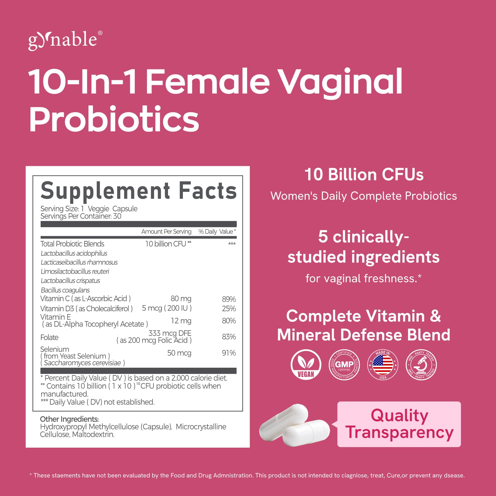 Vevoec Gynable label panel notes clinically studied strains.