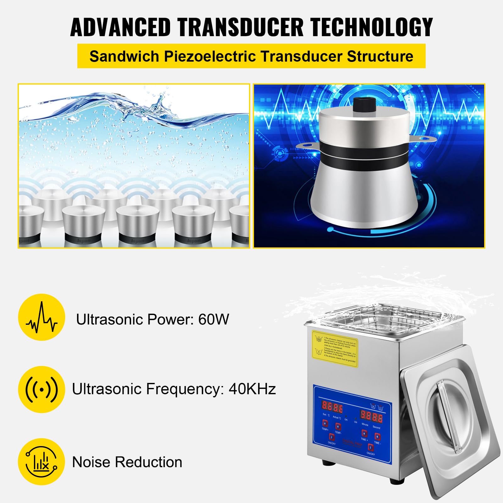 VEVOR 2L ultrasonic cleaner lid and tank preserving heat