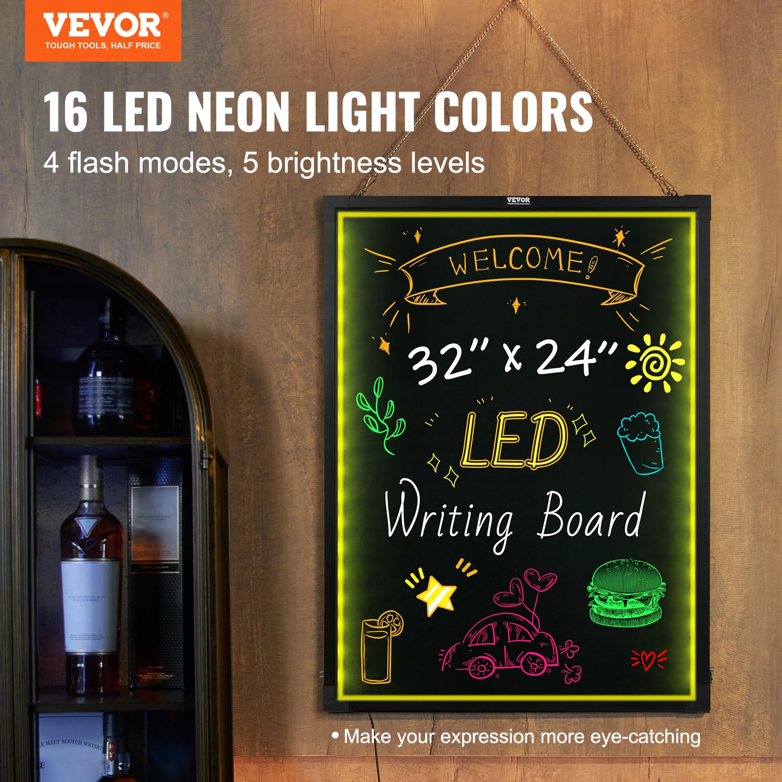VEVOR 32x24 LED menu sign illuminated for indoor and outdoor use.
