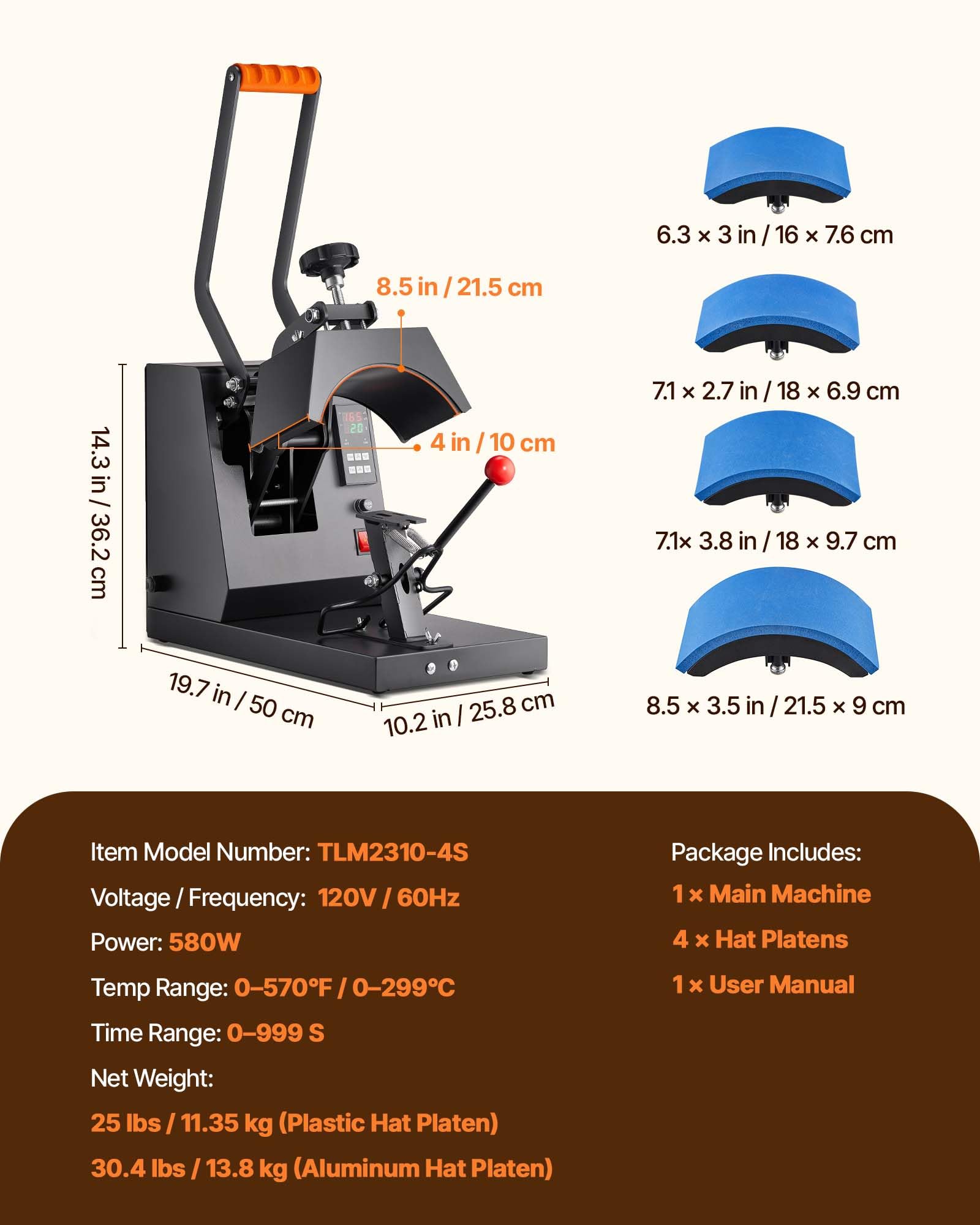 VEVOR 4-in-1 hat press close-up on 6-7x2-7in pad for small caps