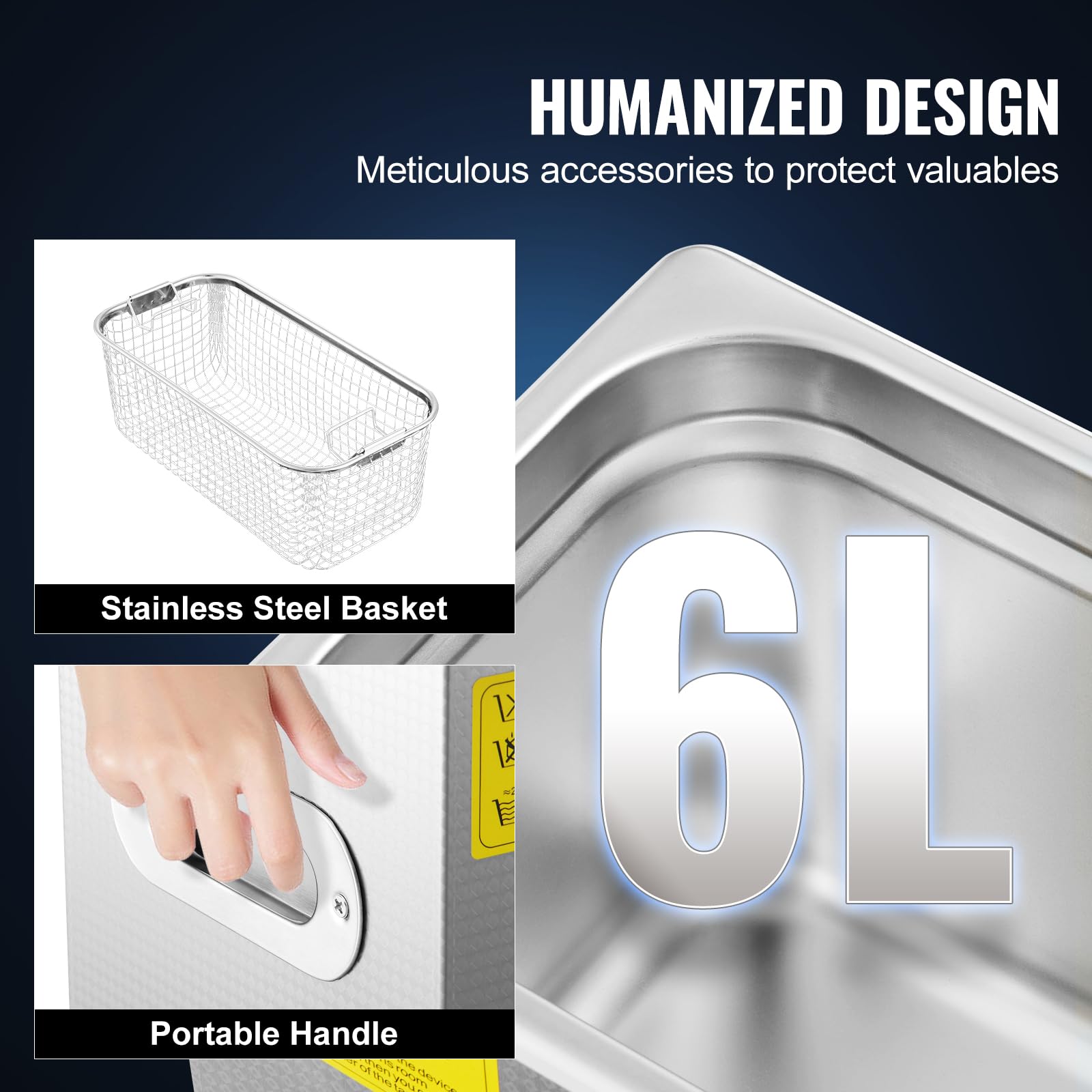VEVOR 6L cleaner heating element close-up shows efficient warm cleaning capability