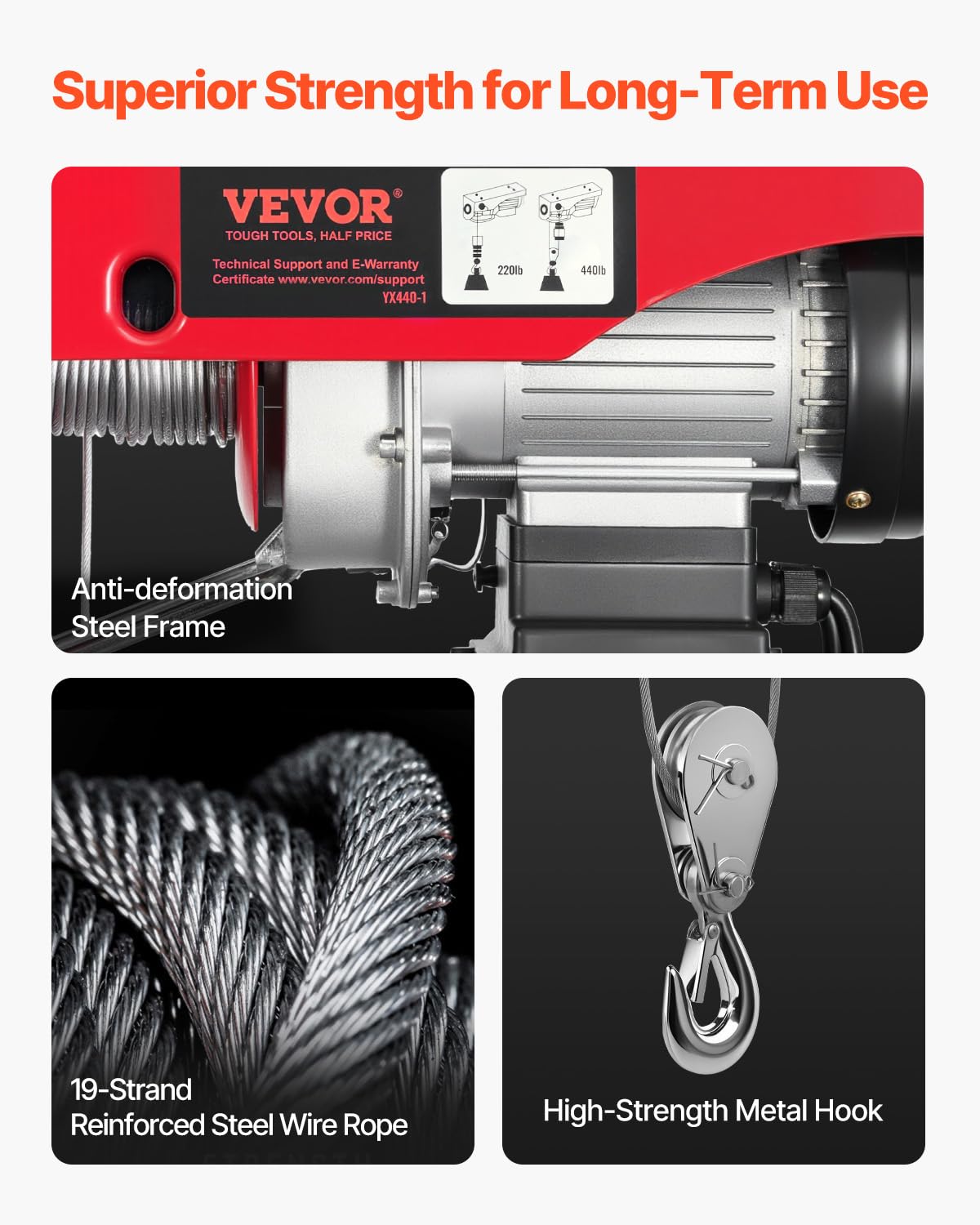 VEVOR hoist installation brackets simplify ceiling mounting.