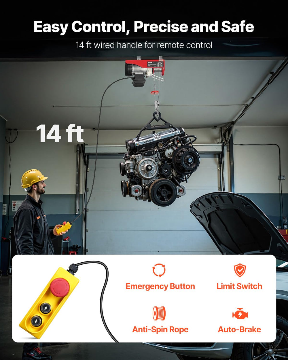 VEVOR electric hoist motor 480W delivers strong lifting power.