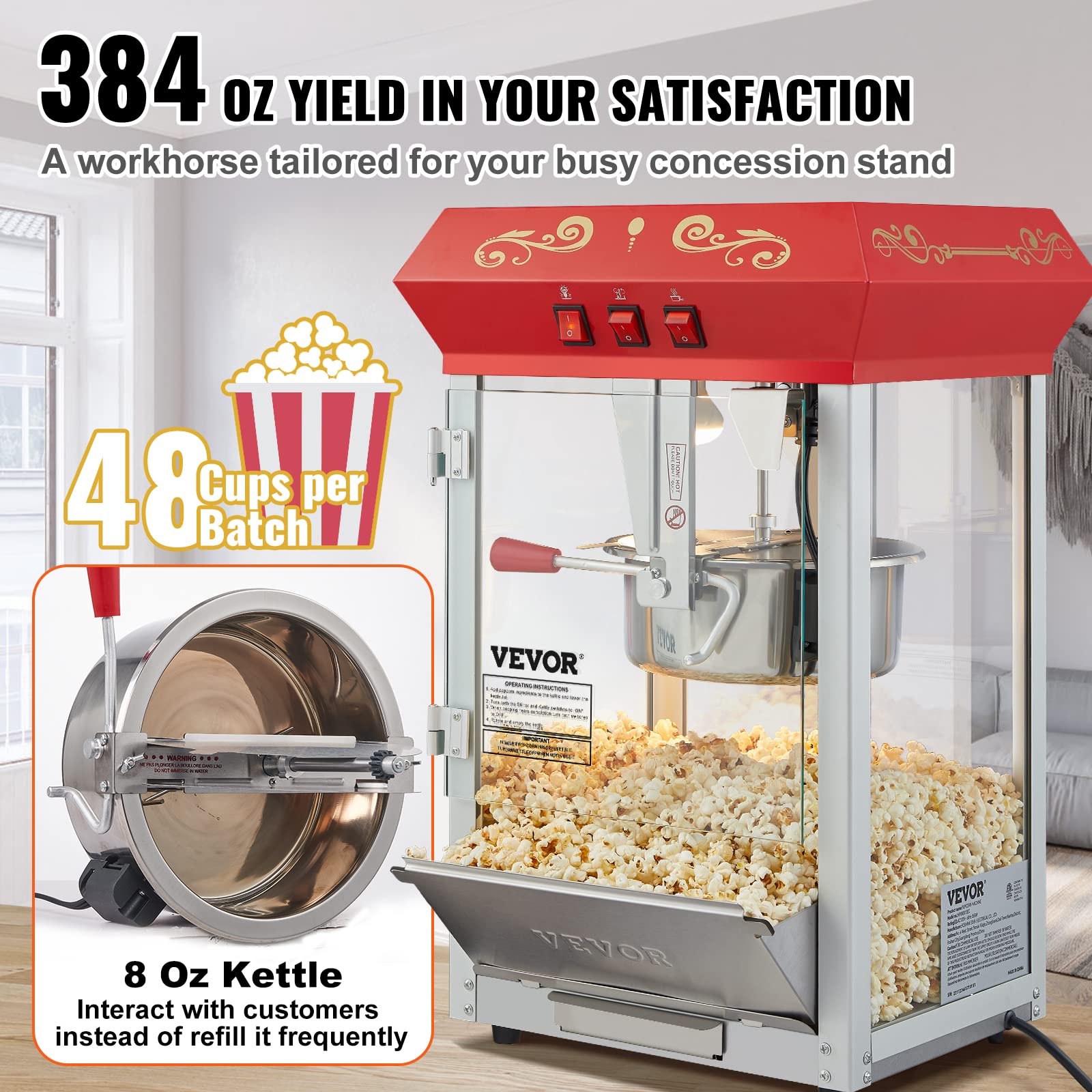 VEVOR popcorn machine yields up to 48 cups per batch for crowds