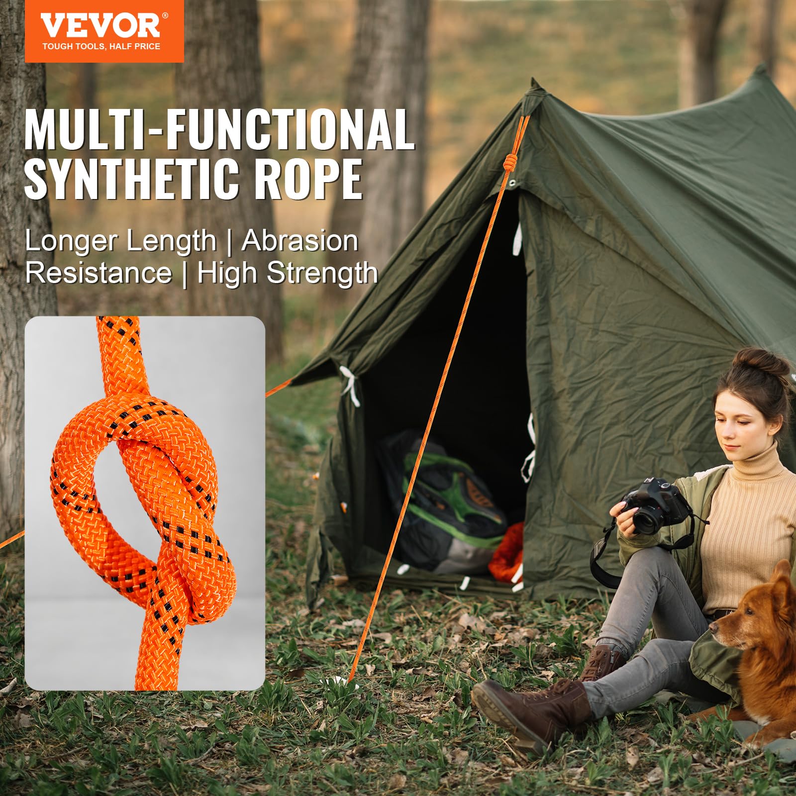VEVOR heat-sealed ends rope highlights secure, fray-free performance.