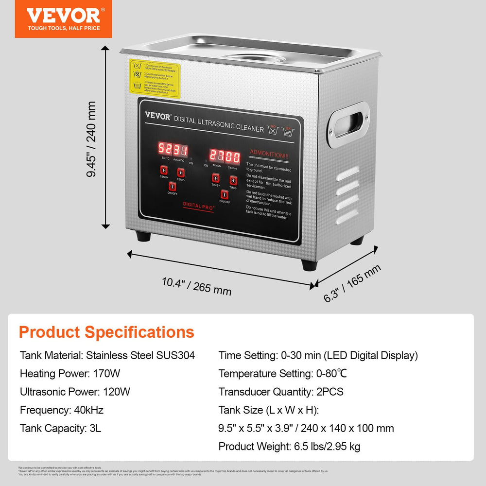 VEVOR Ultrasonic cleaner with basket for safe small item cleaning