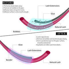 VEYES INC Super Lash Bonder on extensions provides secure adhesion with oil resistance.