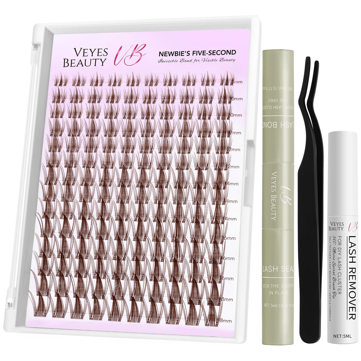 VEYESBEAUTY lash clusters tray closeup with soft wispy fibers for natural volume.