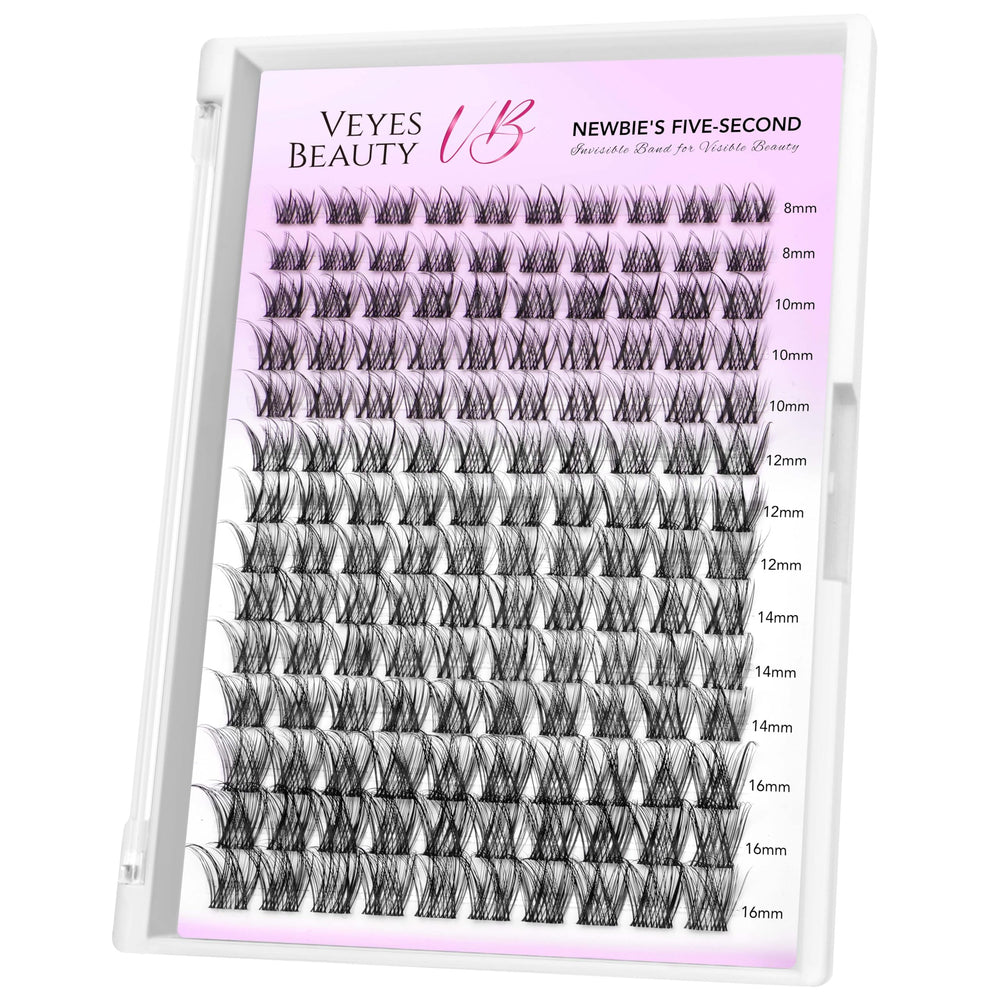 VEYESBEAUTY LuxeBold cluster lashes in 8-16mm mix for versatile volume and light wear.