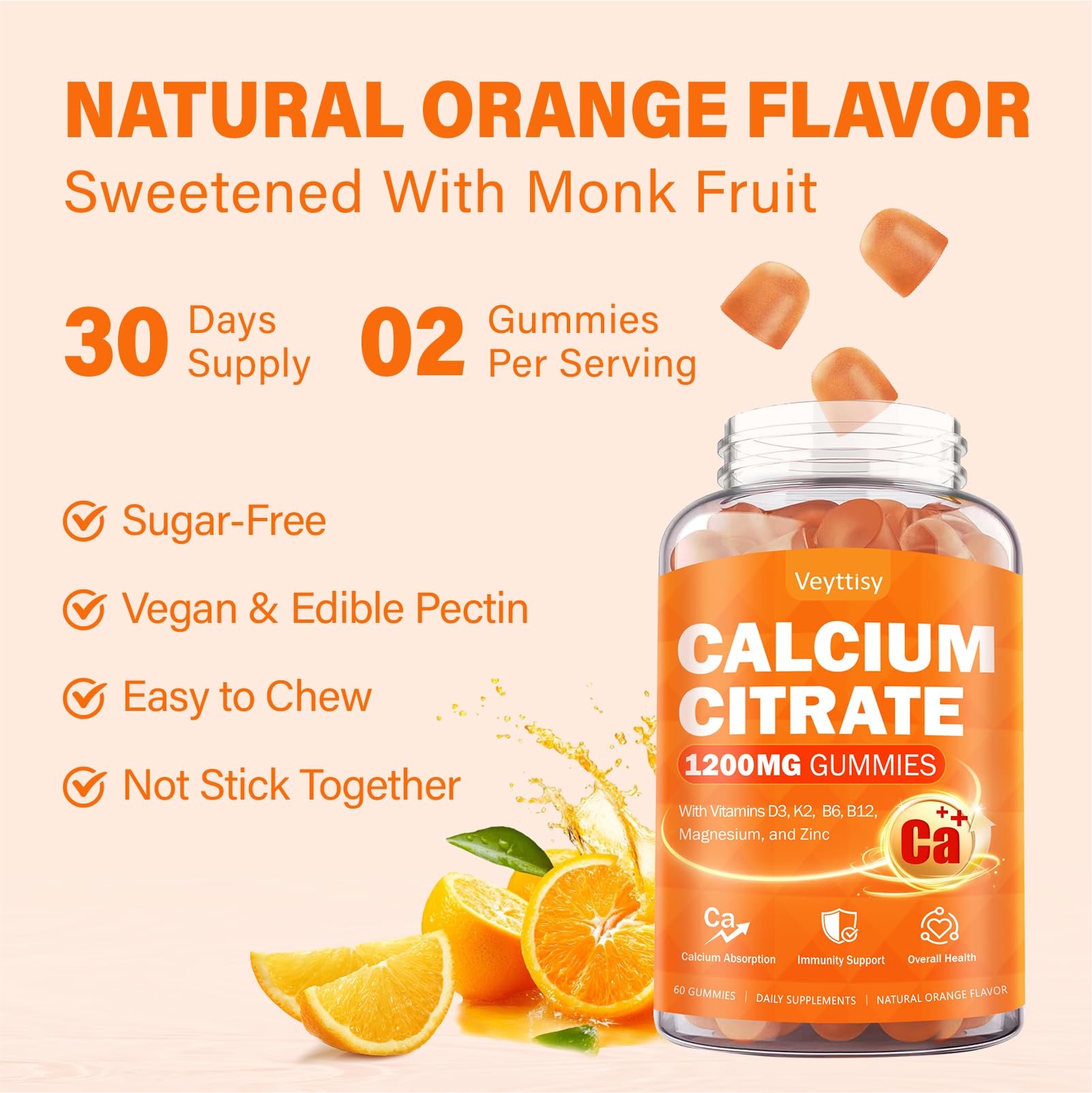 Veyttisy Calcium 1200 mg nutrition panel with monk fruit sweetness.