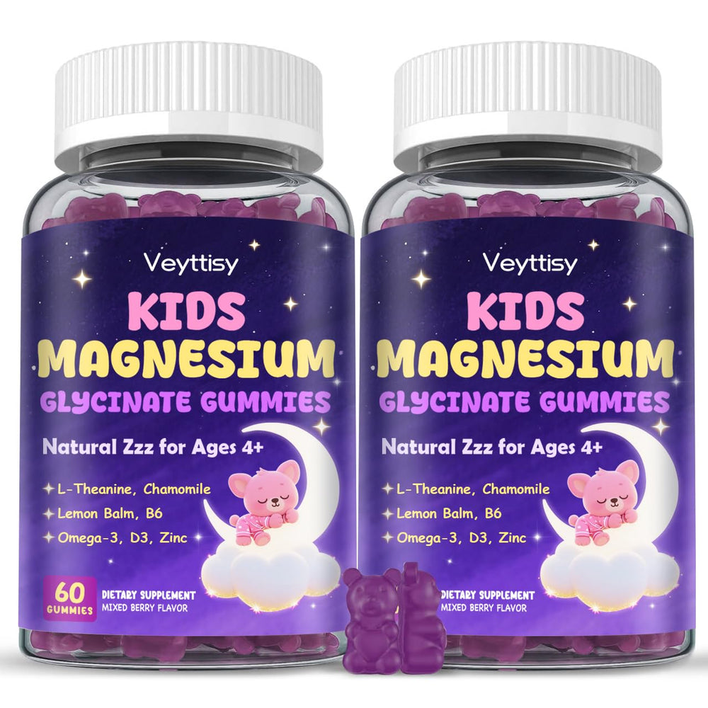 Veyttisy Magnesium Glycinate Gummies for Kids 4+ bottle on shelf promotes calm evenings