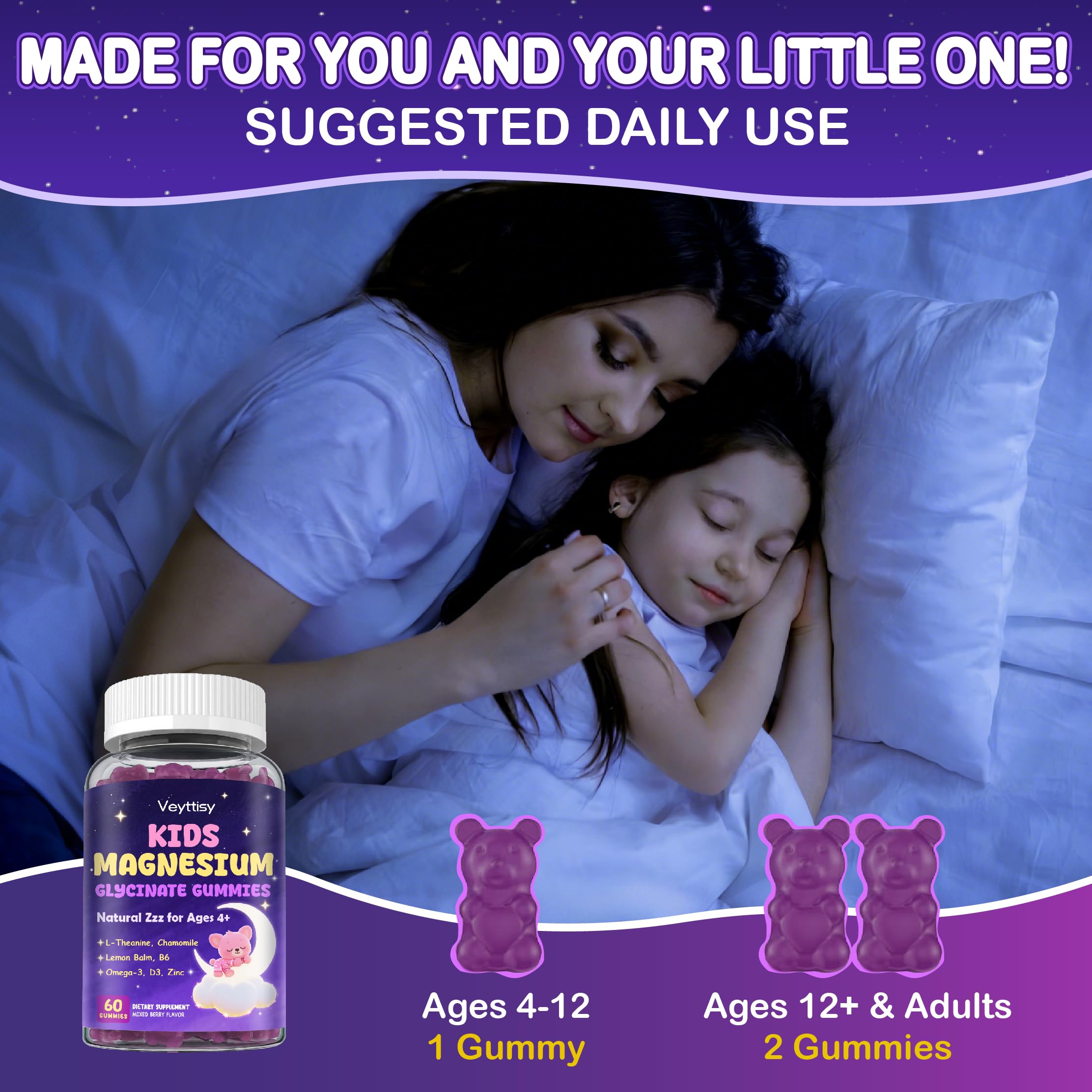 Veyttisy Magnesium Glycinate Gummies Kids 4+ bottle with D3 and calcium icons