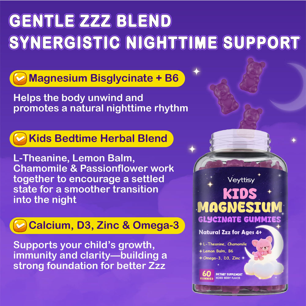 Veyttisy Magnesium Glycinate Gummies Kids ingredients panel emphasizing natural, vegan, gluten-free features